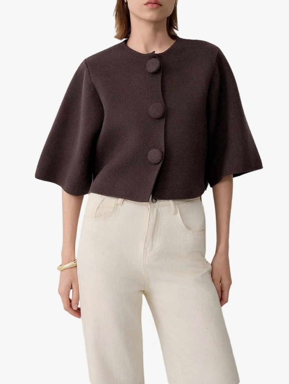 Cropped Round-Button Knit Sweater Jacket - Dark Brown